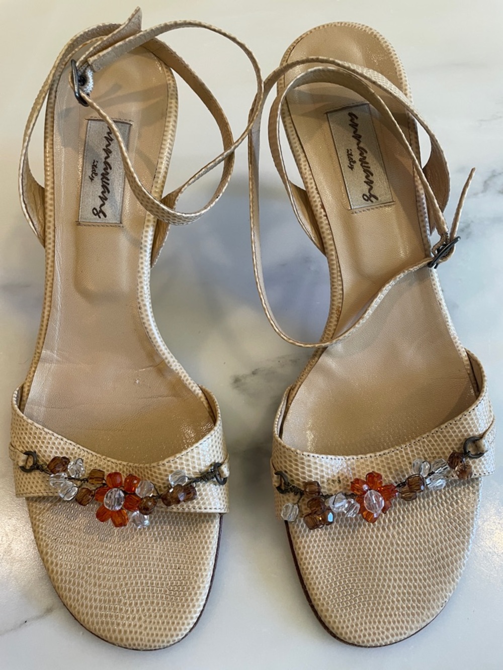 Anna Wang Italy Beaded Sandals Beige Lizard Texture Heel, Size 10